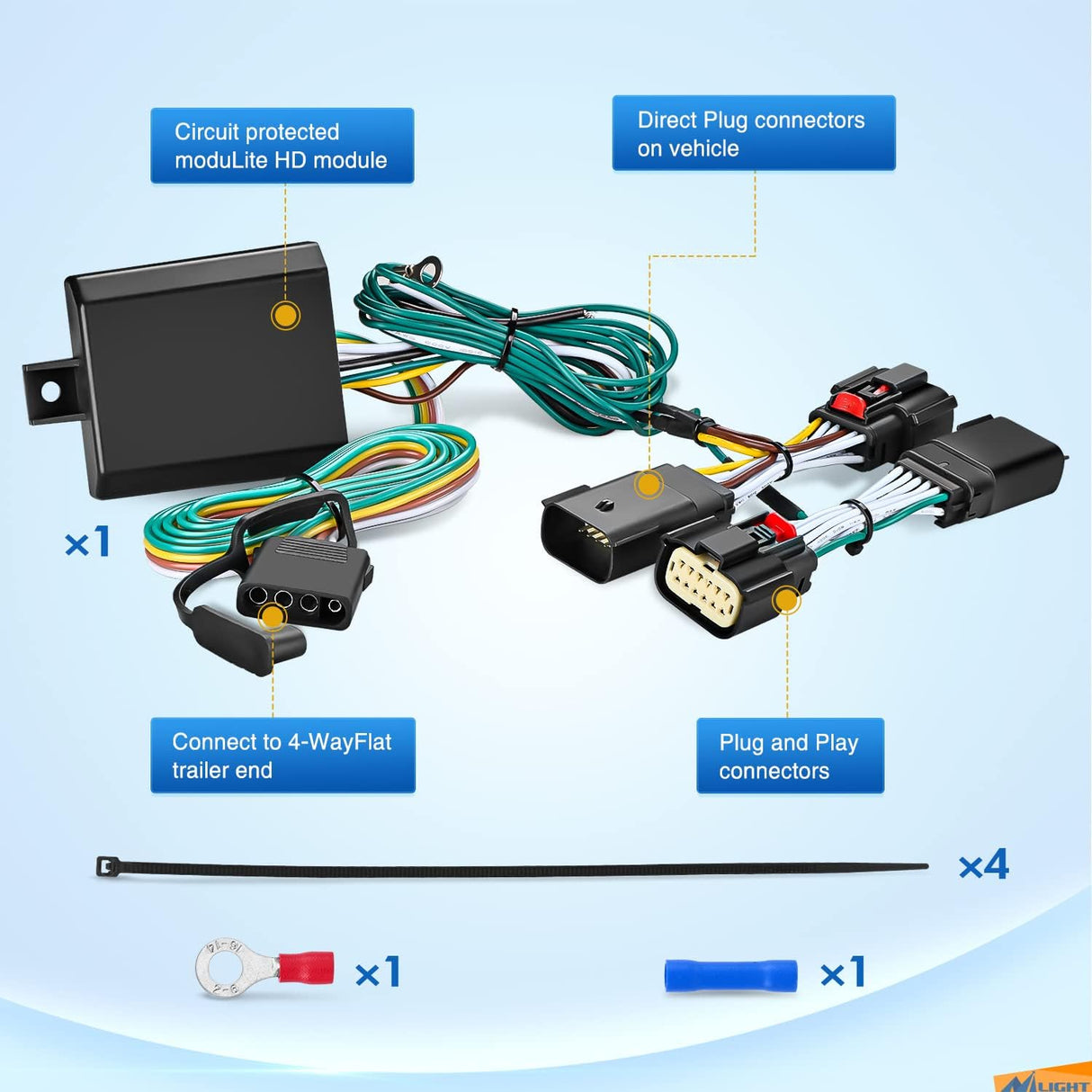 4 Way Trailer Wiring Harness Kit 56407 Fit W/ Wrangler JL 2018-2023 & Gladiator 2020-2023 Nilight
