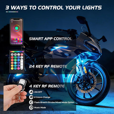 20PCS Motorcycle RGB LED Light Kit Waterproof Multi Color Atmosphere Neon Accent Lights Lamp APP and Remote Control Underbody Strips for Harley Davidson Honda Kawasaki Yamaha Suzuki