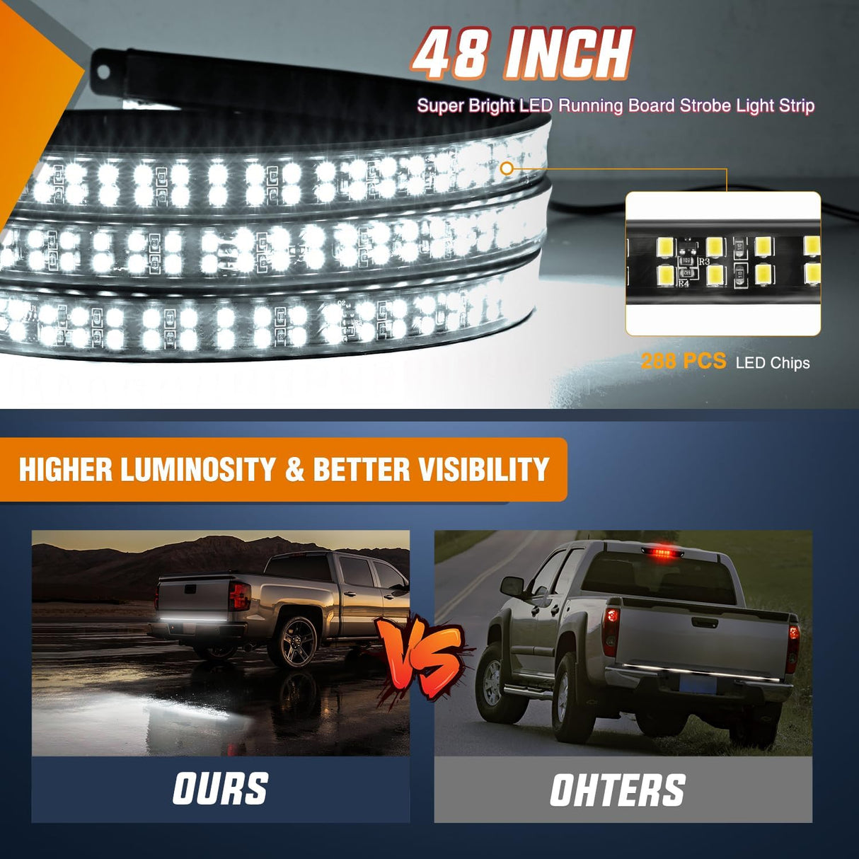 48 Inch Truck Tailgate Strobe Light Strip Tail Emergency Bar Rear Window Warning Lamp Ultra-Bright Double Row 288 LED for Pickup Trailers Construction Vehicles Car SUV, White