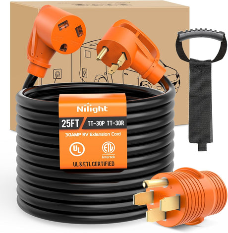 25FT 30 Amp RV Extension Cord with Adapter 50Amp to 30Amp 125V Heavy Duty 10/3 Gauge Pure Copper STW Wire UL ETL Listed 3 Prong TT-30P TT-30R Weatherproof Suit for Generators Campers