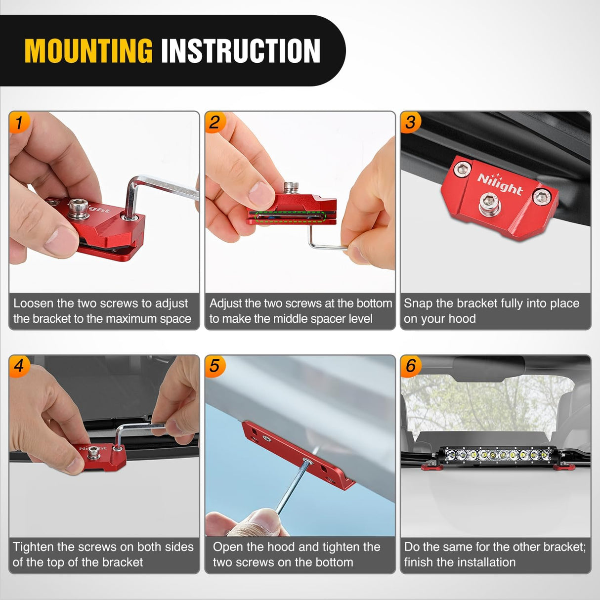 LED Light Bar Mounting Bracket 2PCS Universal Adjustable Pillar Hood Fog Pods Work Lamp No Drilling Aluminum Mount Clamp Holder for Truck SUV Pickup Van 4x4 Off-Road, Red