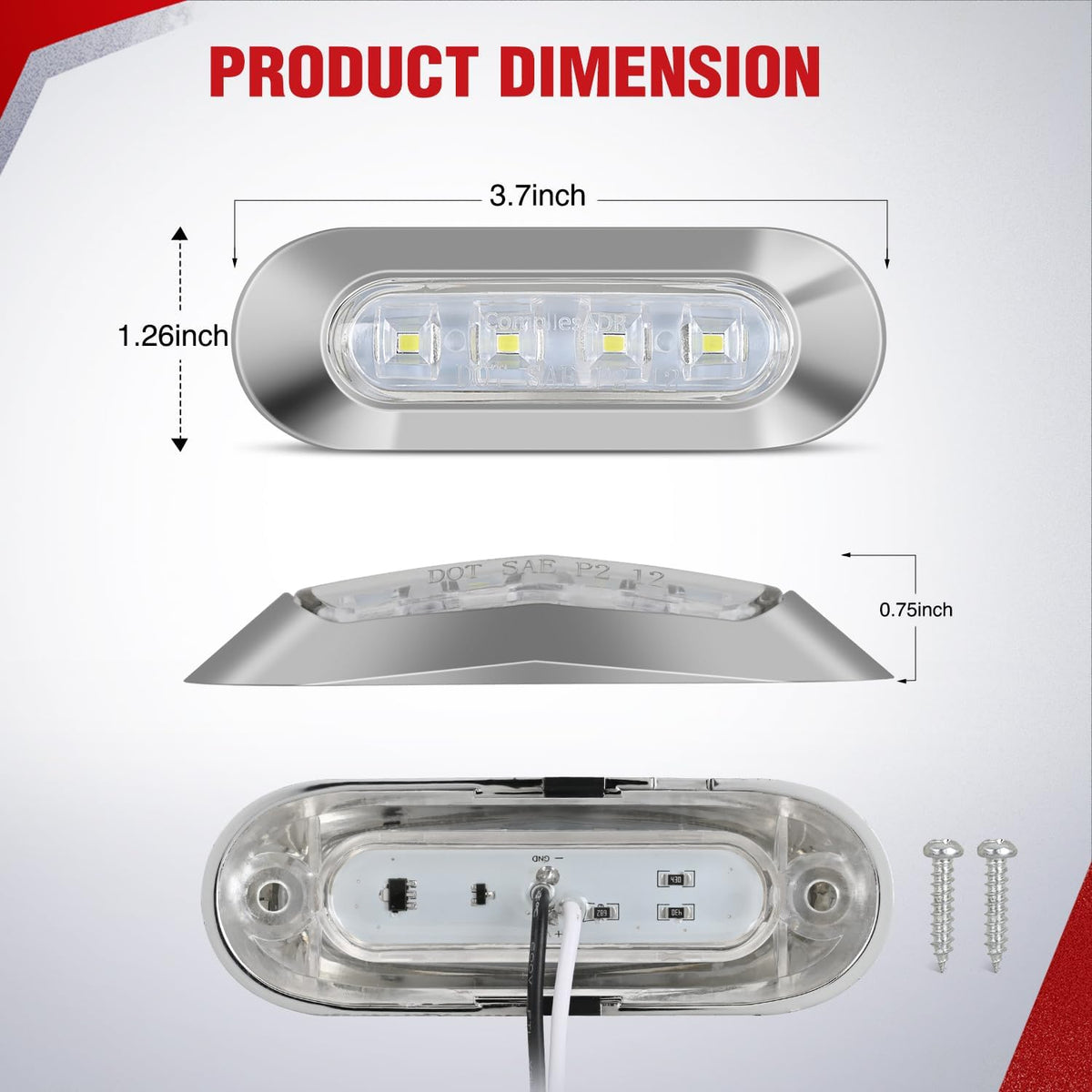 3.7 Inch white Oval Side Marker Light, 4 LED IP68 Waterproof | Chrome Bezel DC 12-24V Surface Mount 10 Pack Marker & Clearance Light for Trucks Trailers Cars RVs Buses & Boats