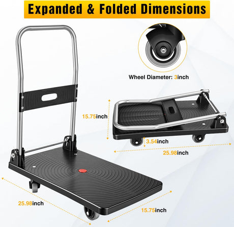 Foldable Platform Cart 220 lbs Push Dolly with 3 Inch PU Wheels PP Deck Flatbed Cart for Home Garage Office Use Black