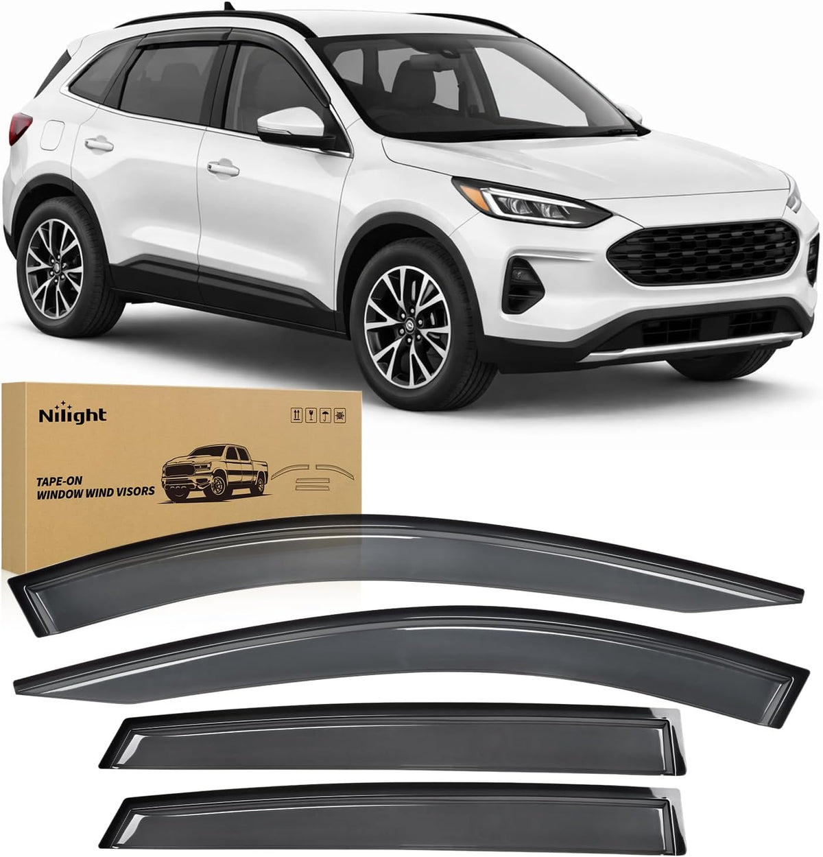 Window Rain Guards for Ford Escape 2020-2026 (Not for Active) | Tape-On Window Visors Outside Mount Vent Visors Window Deflectors Fresh Air Ventilation Smoke Tint, 4PCS