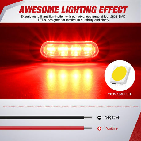 10PCS Red Oval Side Marker Lights 4 LED 3.7 Inch Clearance Lamp IP68 Waterproof DC 12-24V with Chrome Bezel Universal for Car Auto Truck Bus Trailer Boat Deck