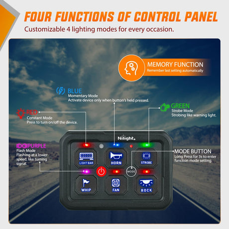 6 Gang Switch Panel Blue Circuit Control Relay System with Fuse Wiring Harness Toggle Momentary Strobe Flash Modes Automatic Dimmable ON Off Pod 12V 24V for Car Truck Camper SUV