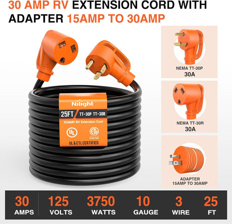 25FT 30 Amp RV Extension Cord with Adapter 15Amp to 30Amp 125V Heavy Duty 10/3 Gauge Pure Copper STW Wire UL ETL Listed 3 Prong TT-30P TT-30R Weatherproof Suit for Generators Campers