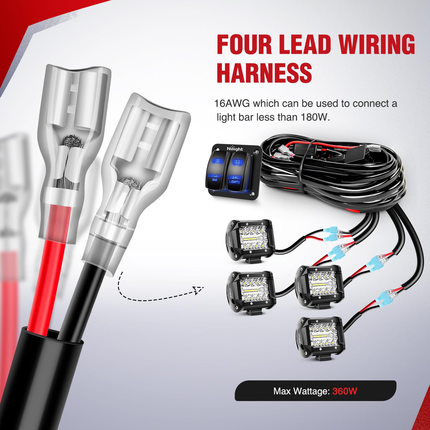 16AWG Wire Harness LED Light BAR and LED POD Lights 4 Leads W/ 12V 5Pin Switch | 6 Fuses | 8 Spade Connectors Nilight