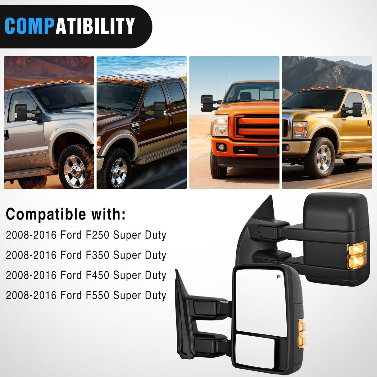 Towing Mirrors Turn Signal Puddle Lights Power Heated Adjustable Glass Manual Telescoping Folding Compatible With 2008-2016 Ford F250 F350 F450 F550 Super Duty