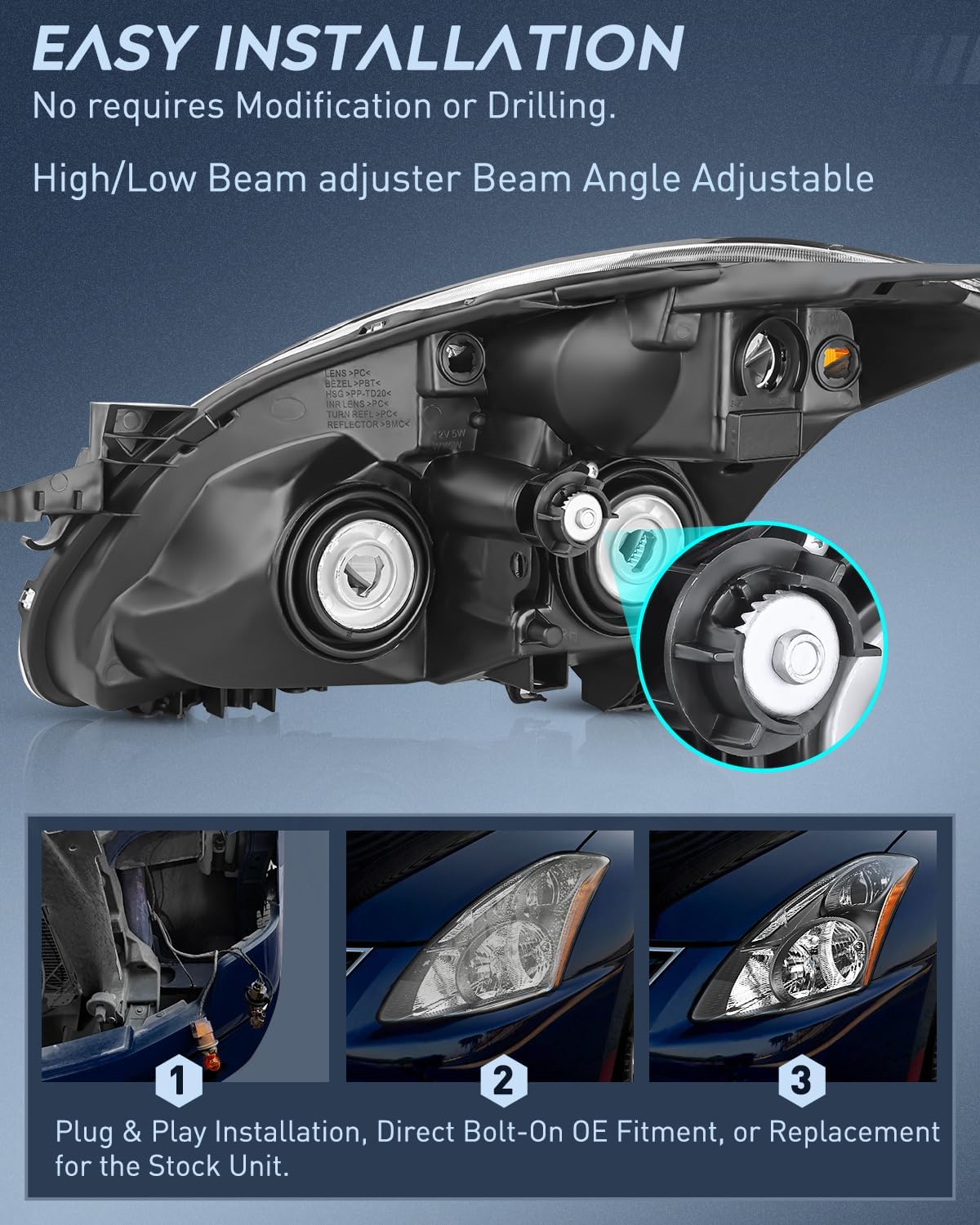 2010-2012 Nissan Altima 4Door Sedan Headlight Assembly Black Housing Amber Reflector Upgraded Clear Lens Nilight