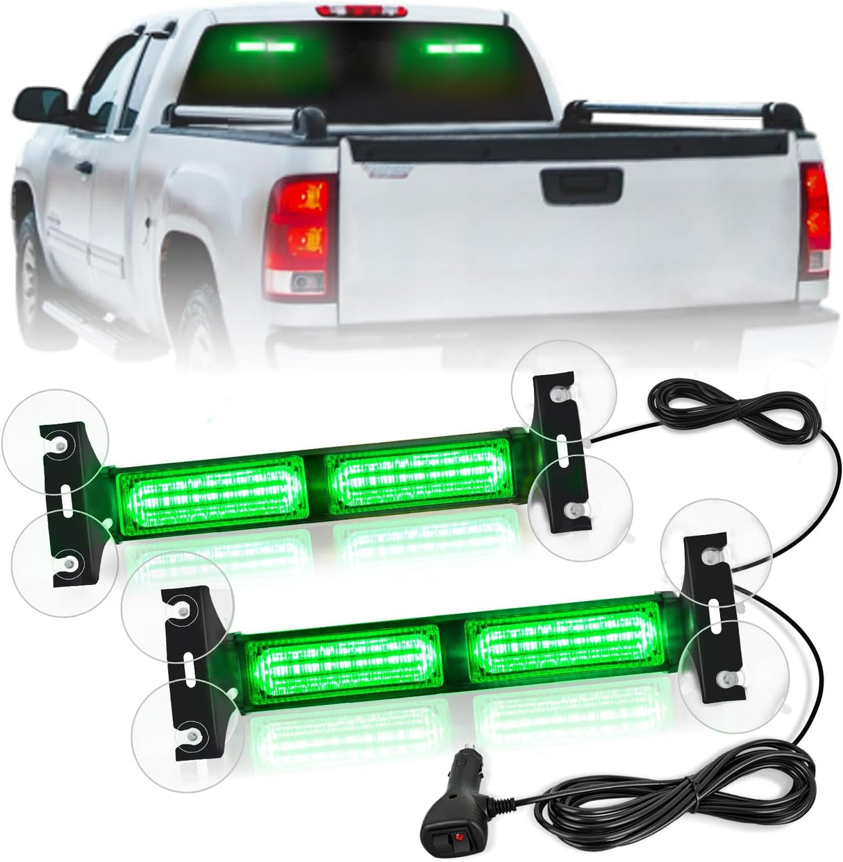 40LED Green Emergency Strobe Traffic Advisor Light Bar with Suction Cups Dash Safety Warning Hazard Flashing Lights Interior Front/Rear Windshield for Trucks Construction Vehicles