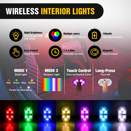 Wireless Magnetic RGB LED Interior Lights, 4 PCS 7 Colors USB Rechargeable Universal Mini Sticky Footwell Ambient Atmosphere Reading Lamp with Touch Sensor, Portable Night Lighting for Car