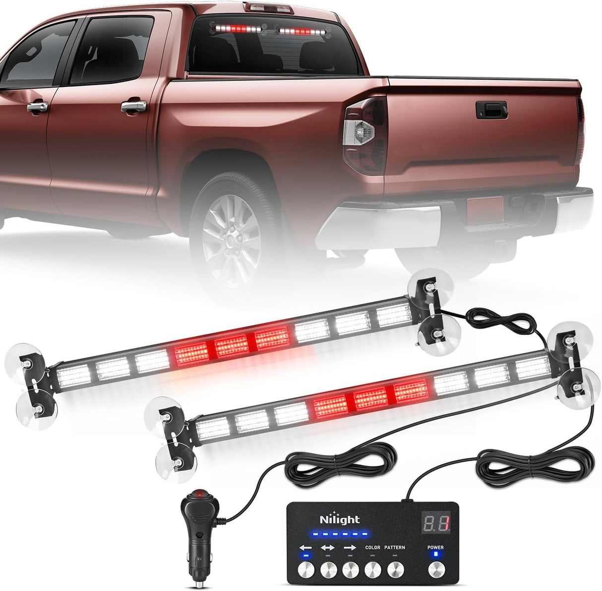 162 LED Traffic Advisor Strobe Light Bar 2-in-1 Red White Emergency Warning Hazard Lights with Controller 4 Switchable Color 36 Flash Pattern for Trucks Cars Tow Plow Construction Vehicles