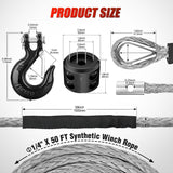 1/4 Inch x 50 Feet Synthetic Winch Line Cable Universal for ATV UTV 4x4 Off-Road Vehicle 9000 lbs Winch Line Ropes with Steel Hook Rubber Stopper Protective Sleeve Safety Strap, Grey