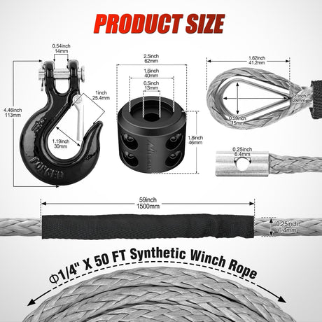 1/4 Inch x 50 Feet Synthetic Winch Line Cable Universal for ATV UTV 4x4 Off-Road Vehicle 9000 lbs Winch Line Ropes with Steel Hook Rubber Stopper Protective Sleeve Safety Strap, Grey