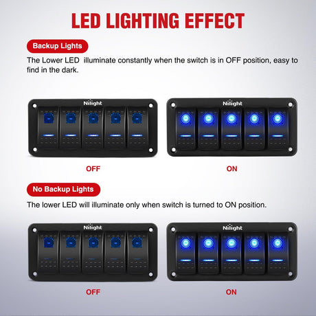 16AWG 14AWG 12AWG LED Light Bar Wiring Harness Kit 12V On/Off 5 Gang Rocker Switch Panel Power Relay Blade Fuse 5Pin Toggle Switches for Cars Boat ATV Trucks-10 Leads