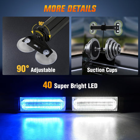 40LED Blue White Emergency Strobe Traffic Advisor Light Bar with Suction Cups Dash Safety Warning Hazard Flashing Lights Interior Front/Rear Windshield for Trucks Construction Vehicles