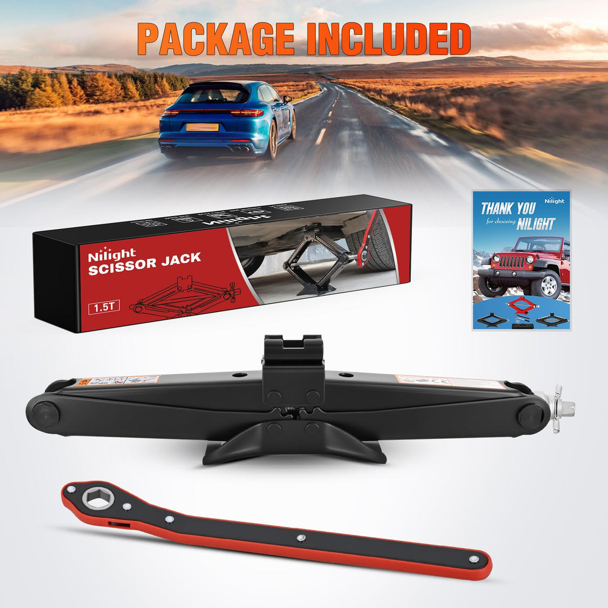 Scissor Jack for Car 1.5 Ton(3307 lbs), Heavy Duty Steel Scissor Lift Jack Car Kit with Ratchet Wrench for Sedan SUV MPV Tire Changing, 3.9 Inch-13.6 Inch Lifting Range Portable Small Jack Black