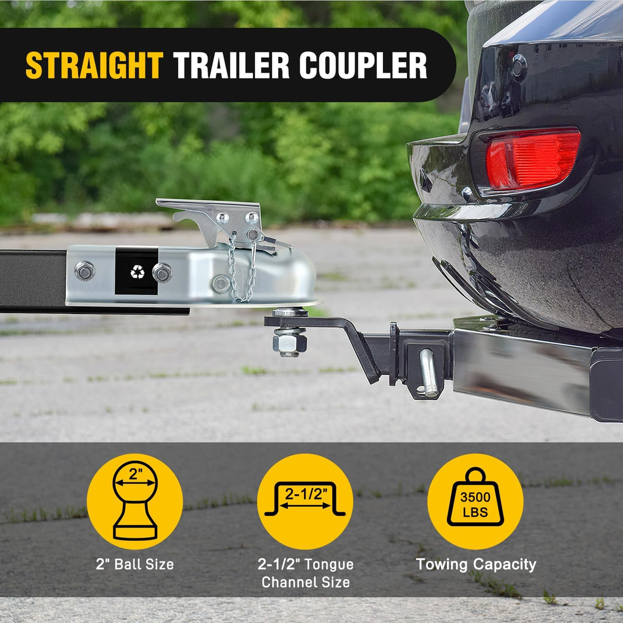 Straight Trailer Coupler with Security Latch&Chain for 2-Inch Hitch Ball, 2-1/2 Inch Channel,3500 LBS,Heavy Duty Trailler Tongue Coupler for Station Wagon, Truck, Bolted & Welded Installation