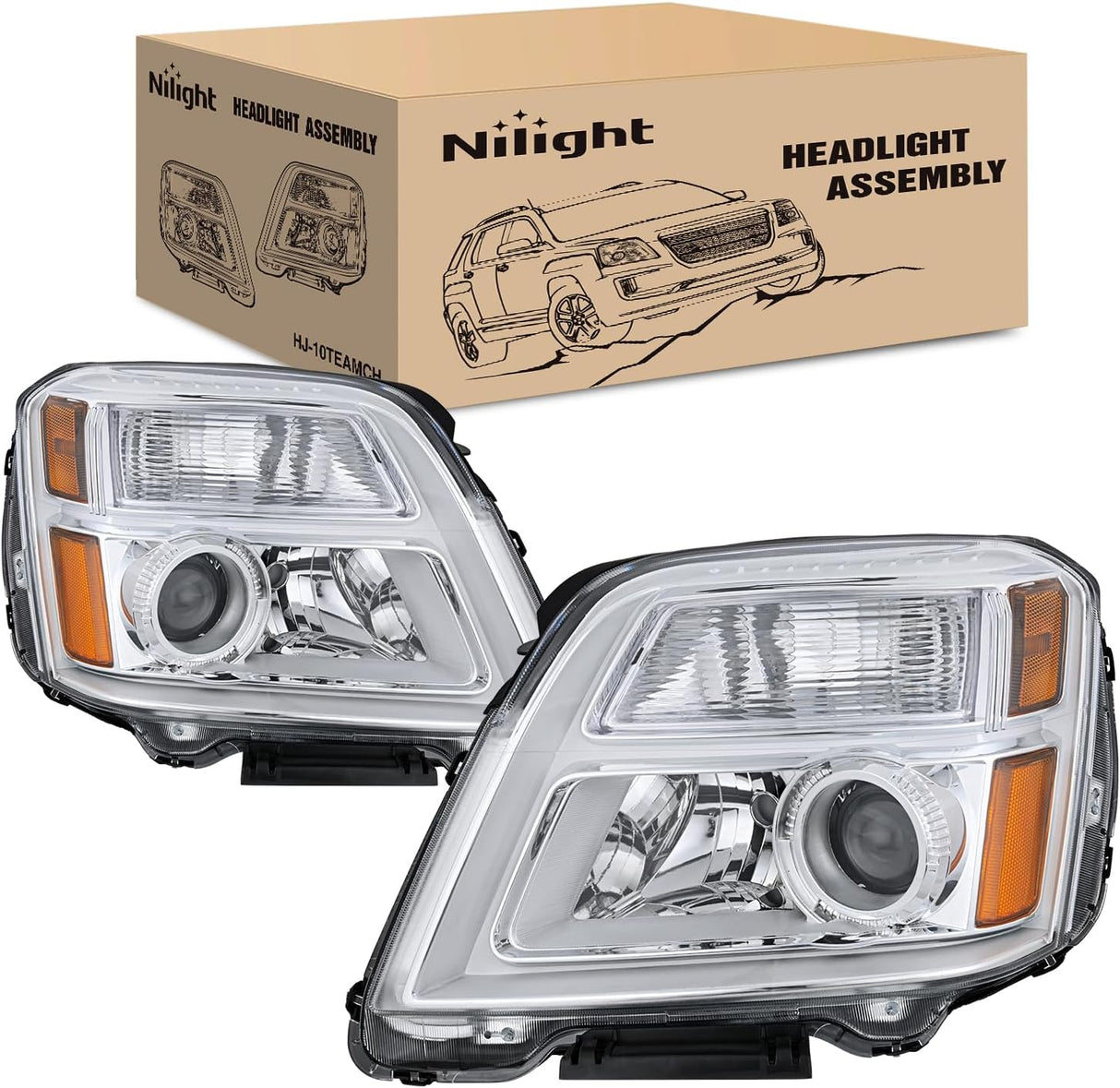 Headlight Assembly Compatible with 2010 2011 2012 2013 2014 2015 GMC Terrain Halogen Projector OE Style Replacement Headlights Chrome Housing Amber Reflector Headlamp Passenger and Driver Side