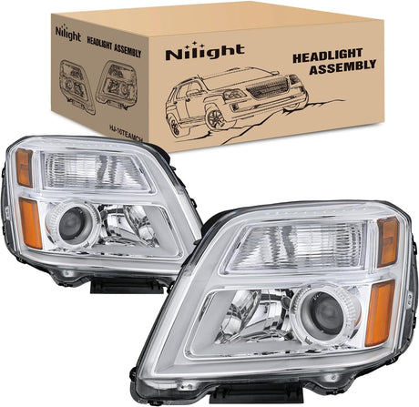 Headlight Assembly Compatible with 2010 2011 2012 2013 2014 2015 GMC Terrain Halogen Projector OE Style Replacement Headlights Chrome Housing Amber Reflector Headlamp Passenger and Driver Side