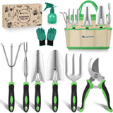 Gardening Tools 9-Piece Heavy Duty Garden Tool Set Gardening Supplies Gifts for Women Men Gardening Hand Tool Kit with Non-Slip Ergonomic Handle, Garden Bag, Durable Gloves and Shears, Green