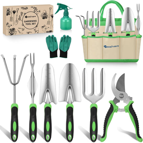 Gardening Tools 9-Piece Heavy Duty Garden Tool Set Gardening Supplies Gifts for Women Men Gardening Hand Tool Kit with Non-Slip Ergonomic Handle, Garden Bag, Durable Gloves and Shears, Green
