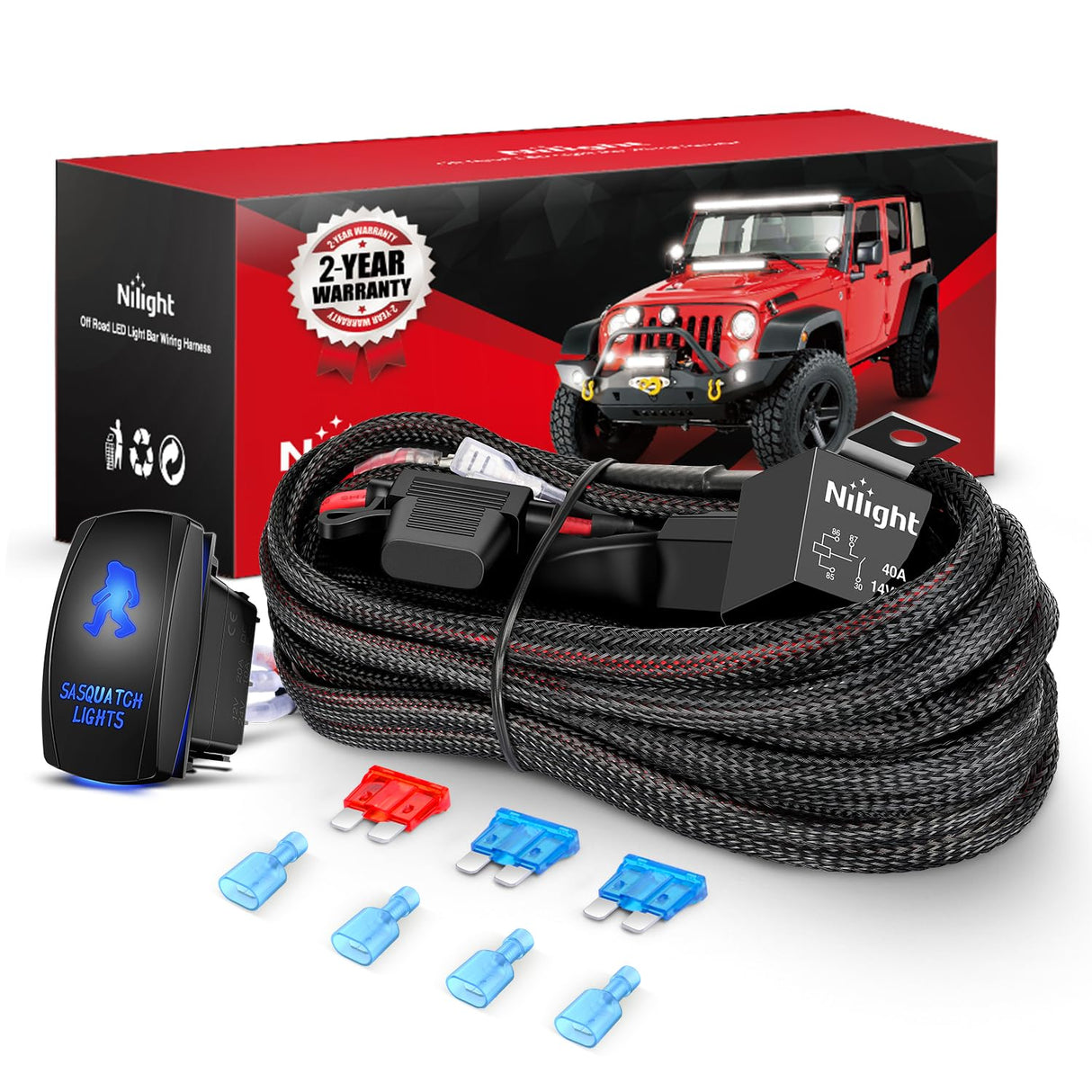 Wiring Harness Kit Nylon 16 AWG 2 Leads Sasquatch Lights 12V 5Pin Rocker Switch Laser On Off Power Relay Blade Fuse for LED Off Road Light Bar on Cars Jeep Boat Trucks