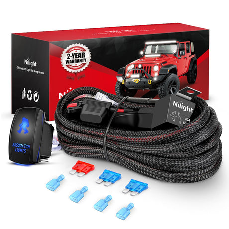 Wiring Harness Kit Nylon 16 AWG 2 Leads Sasquatch Lights 12V 5Pin Rocker Switch Laser On Off Power Relay Blade Fuse for LED Off Road Light Bar on Cars Jeep Boat Trucks