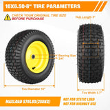 16x6.50-8 Lawn Mower Tires, 16 Inch Pneumatic Rubber Tire with 3/4 Inch Axle Bore & 3 Inch Hub Length, Air-Filled Replacement Wheels for Riding Lawn Mowers, 2 Pack