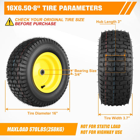 16x6.50-8 Lawn Mower Tires, 16 Inch Pneumatic Rubber Tire with 3/4 Inch Axle Bore & 3 Inch Hub Length, Air-Filled Replacement Wheels for Riding Lawn Mowers, 2 Pack