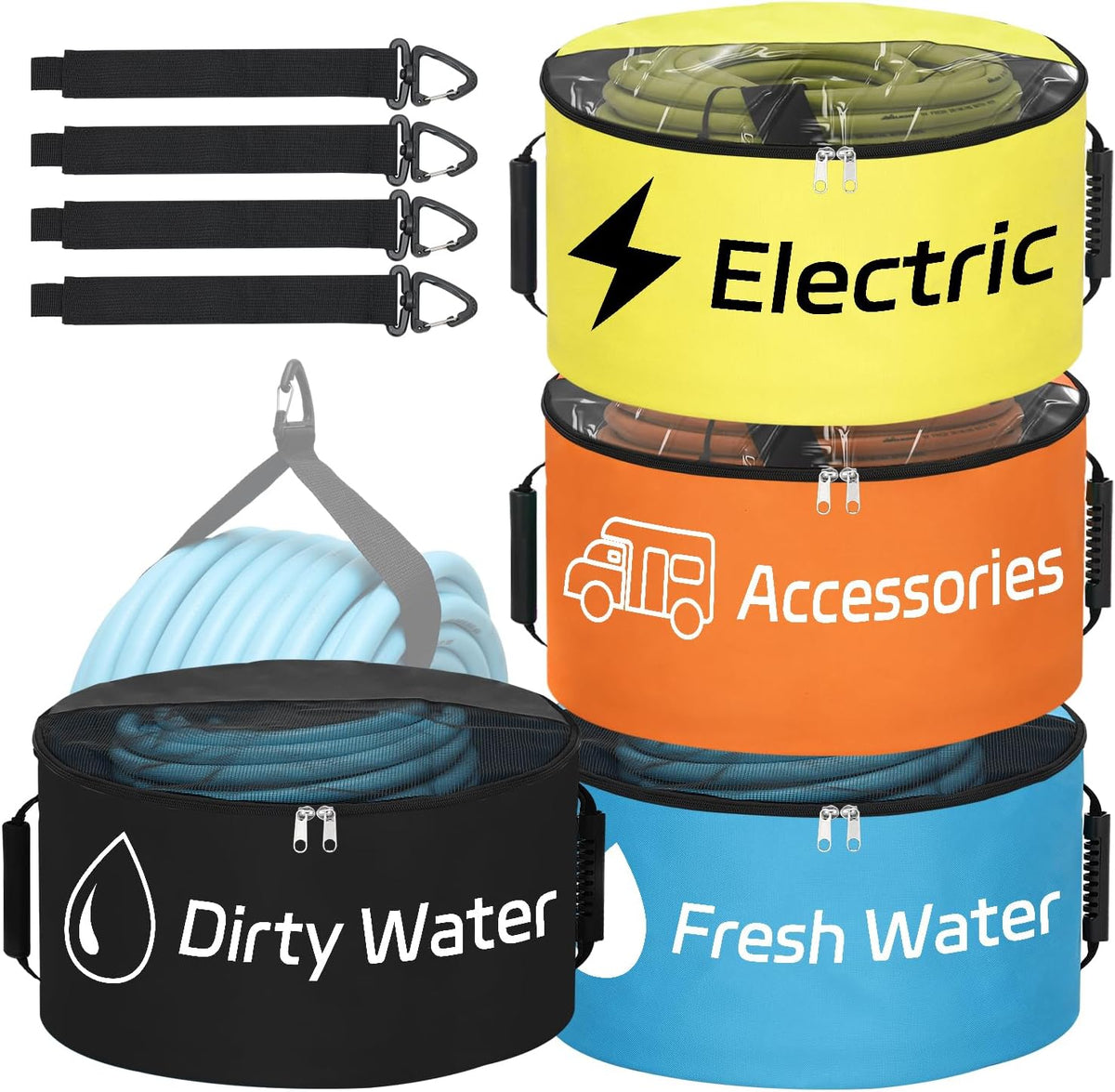 4 Pack RV Hose Storage Bag, Waterproof Utility Bag with Visible Cover & Dual Zipper Closure RV Storage and Organization for Sewer, Fresh Water Hoses Electrical Cords Camper Tools Accessories