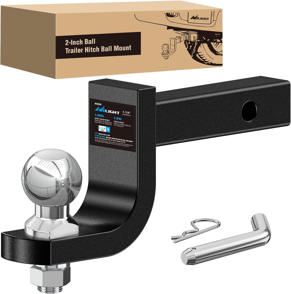Trailer Hitch Ball Mount with 2-Inch Ball Fits 1-1/4 Inch Receiver | with 1/2 Inch Hitch Pin Clip 2000 lbs 3-1/4 InchDrop Gloss Black Powder Coat