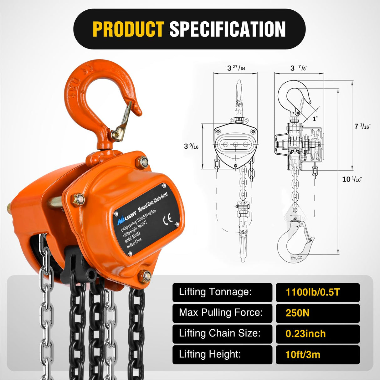 1/2 Ton 1100 lbs Manual Chain Hoist 80 Galvanized Chain 10 ft Lifting Height Industrial Grade Steel Structures for Garages Warehouse Automotive Machinery