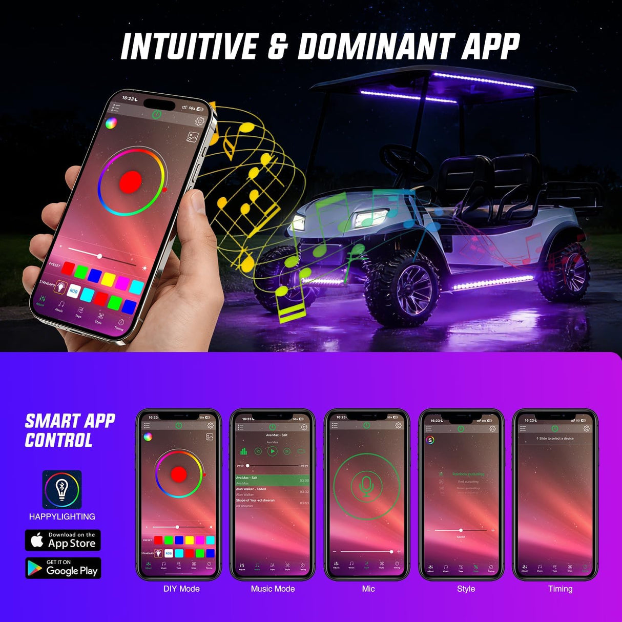 6PCS Golf Cart RGB LED Underglow Light Strips Kit APP & Remote | Multi-Mode Neon Accent Lighting Lamp Sound Active Music Sync IP67 Waterproof 12V-66V Input for EZGO Yamaha Club Car