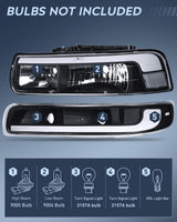 LED DRL Headlight Assembly for 1999 2000 2001 2002 Chevy Silverado 1500 1500HD 2500 2500HD 3500 Chevrolet Tahoe Suburban Replacement Headlamp Clean Lens Black Housing Bumper Lights Set
