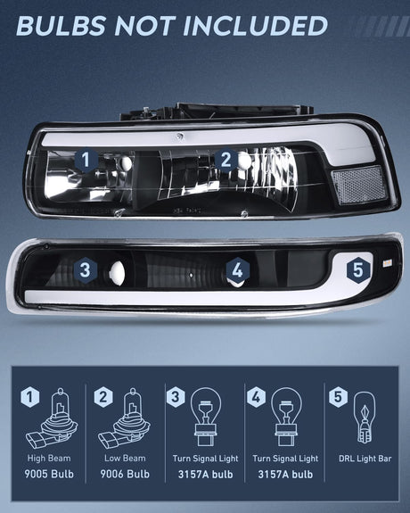 LED DRL Headlight Assembly for 1999 2000 2001 2002 Chevy Silverado 1500 1500HD 2500 2500HD 3500 Chevrolet Tahoe Suburban Replacement Headlamp Clean Lens Black Housing Bumper Lights Set