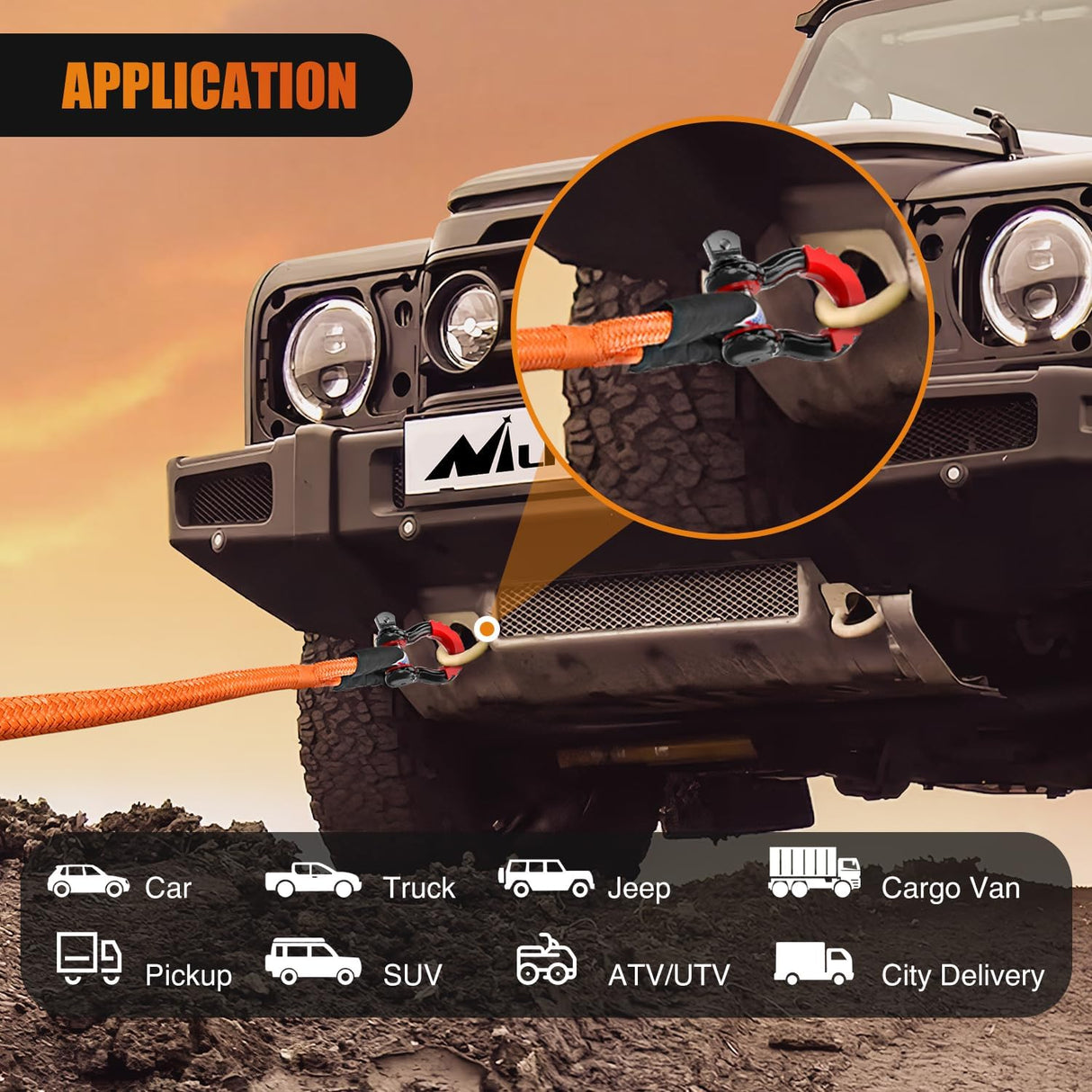 Kinetic Recovery Tow Rope Kit with 3/4 Inch Anti-Theft D-Ring Shackles 1 Inch x 30ft Heavy Duty Offroad Tow Rope Snatch Strap Towing Strap kit 48,000LBS for UTV ATV SUV Truck Car Jeep Tractor