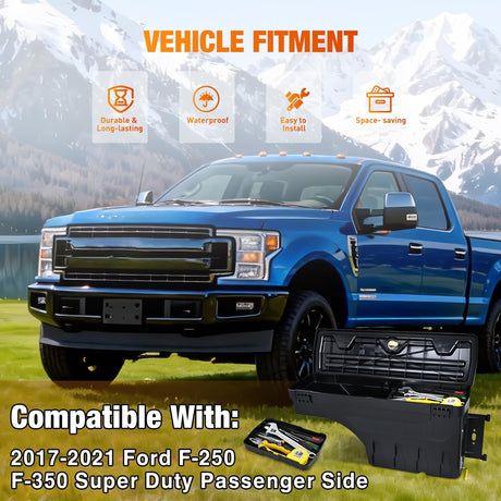 Truck Bed Tool Box Right Passenger Side Truck Tool Box Fit for Ford F-250/350 Super Duty 2017-2021 ABS Swing Case Truck Bed Storage Box with Lockable Lid Waterproof Wheel Well Toolbox Black