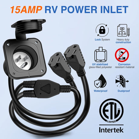15 AMP RV Power Flanged Inlet 125V AC Port Shore Receptacle with Extension Cord ETL Listed NEMA 5-15P Plug (2) 5-15R Female Outlet for Camper Generator Shed Motorhome