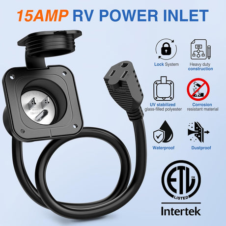 15 AMP RV Power Flanged Inlet 125V AC Port Shore Receptacle with Extension Cord ETL Listed NEMA 5-15P Plug 5-15R Female Outlet for RV Camper Generator Shed Motorhome