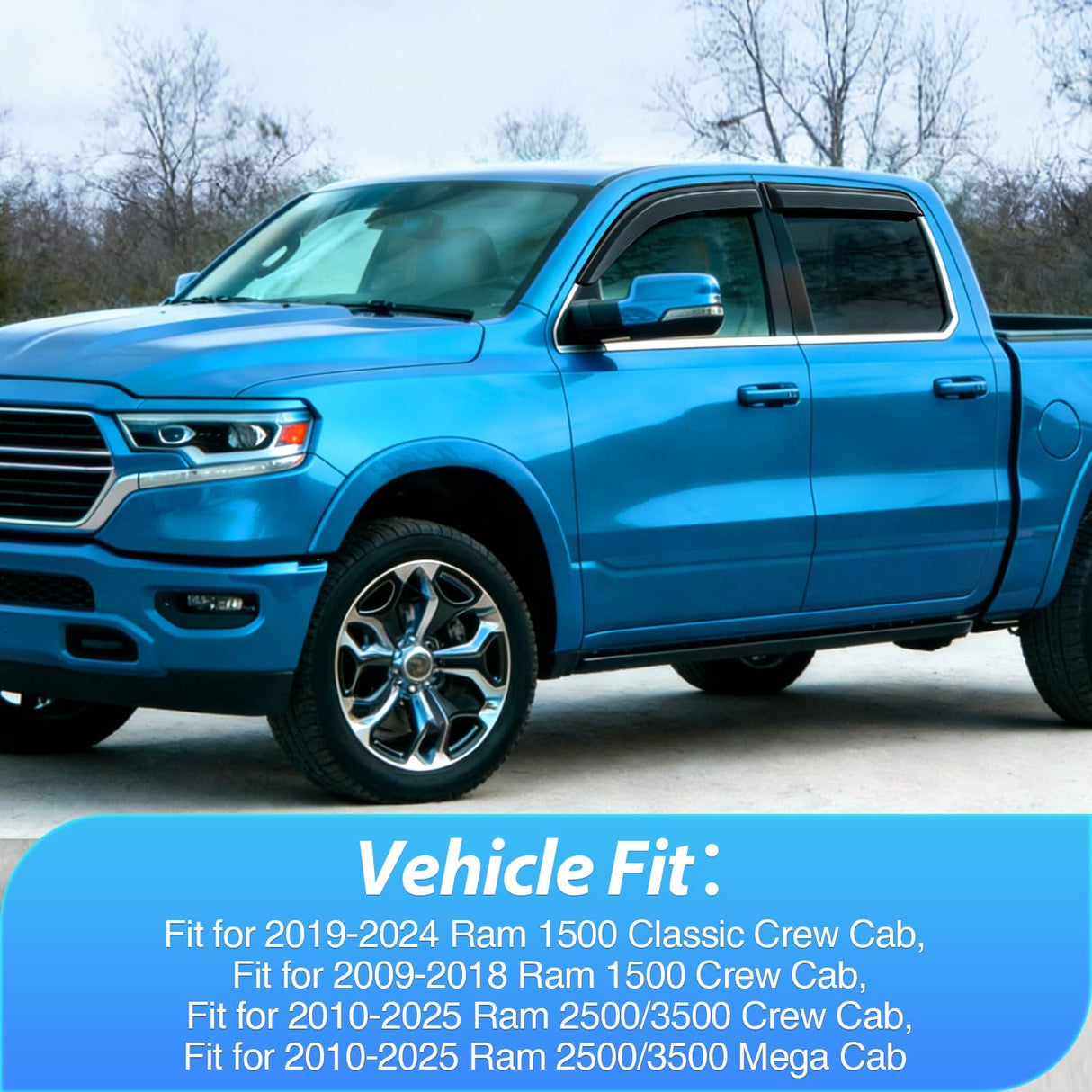 Tape-On Window Visors for 2019-2024 Ram 1500 Classic Crew Cab | For 2009-2018 Ram 1500 Crew Cab, 2010-2025 Ram 2500 3500 Crew Cab & Mega Cab, Outside Mount Rain Guards Vent Visors, 4PCS