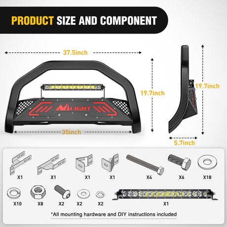 Bull Bar with Light fits Chevy Colorado (Excl. ZR2) 2015-2022 & GMC Canyon 2015-2022 Front Bumper Grille Brush Push Guard with Skid Plate Licence Plate Hole Black
