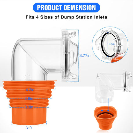 90 Degree RV Sewer Hose Fittings with 4-in-1 Adapter, Clear RV Sewer Hose Elbow Leak-Proof Connection & Odor-Tight Seal Fits 4 Sizes of Dump Station Inlets for Campers Travel Trailers, Orange