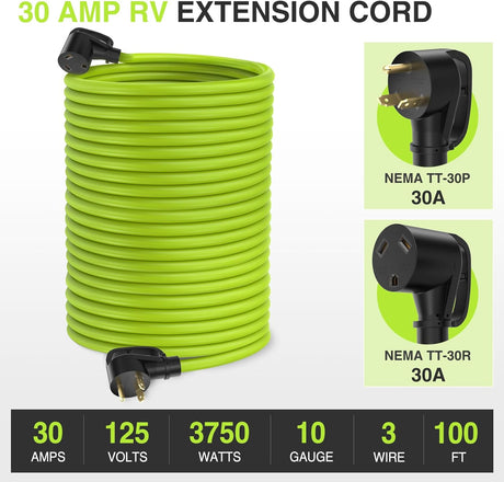 100FT 30 Amp RV Extension Cord 125V Heavy Duty 10/3 Gauge Pure Copper STW Wire UL ETL Listed 3 Prong TT-30P TT-30R Weatherproof Suit for Camper Caravan Trailer Bright Green