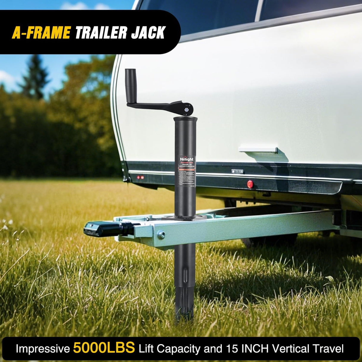 A-Frame Trailer Jack 5000 lbs Capacity 15 Inch Vertical Travel Heavy Duty Trailers Tongue Jack with Top Wind Handle Alloy Steel Utility Trailer RV Jack Stand for Trailers RV Boat Camper Matt Black