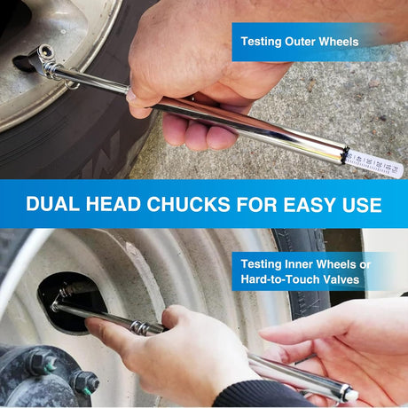 Dual Head Tire Pressure Gauge Heavy Duty Truck Air Chuck Range 10-150PSI 1-10Bar Tire Pressure Checker Straight-On Tire Air Gauge Extended Tube for Semi Truck, RV, Car, Motorcycle