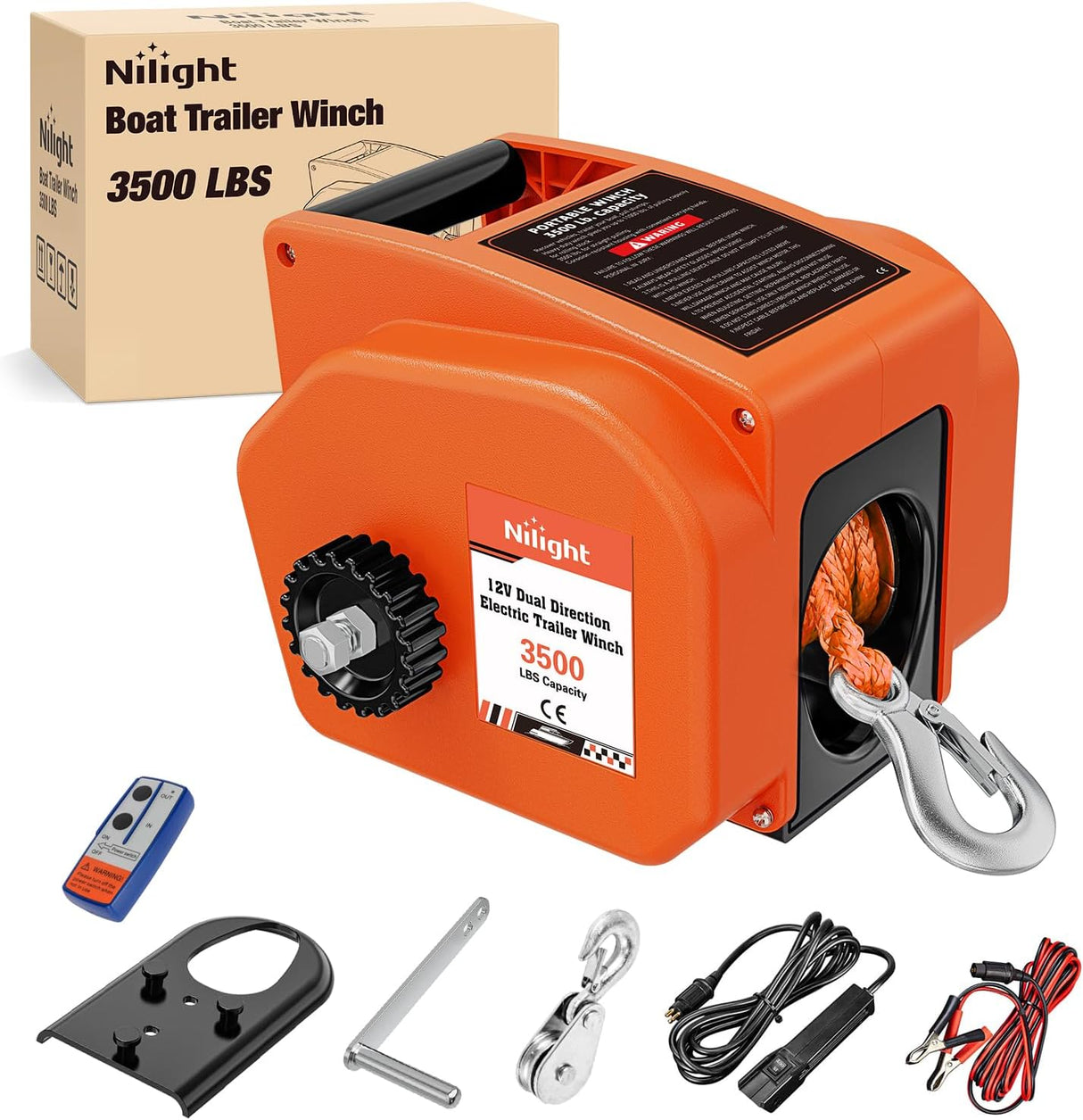 Boat Trailer Winch 3500 lbs Portable Electric Boat Winches 12 V DC Marine Winch with Synthetic Rope Remote Control Hand Crank Power-In Freewheel Waterproof Winch for Boat Trailer Towing Orange