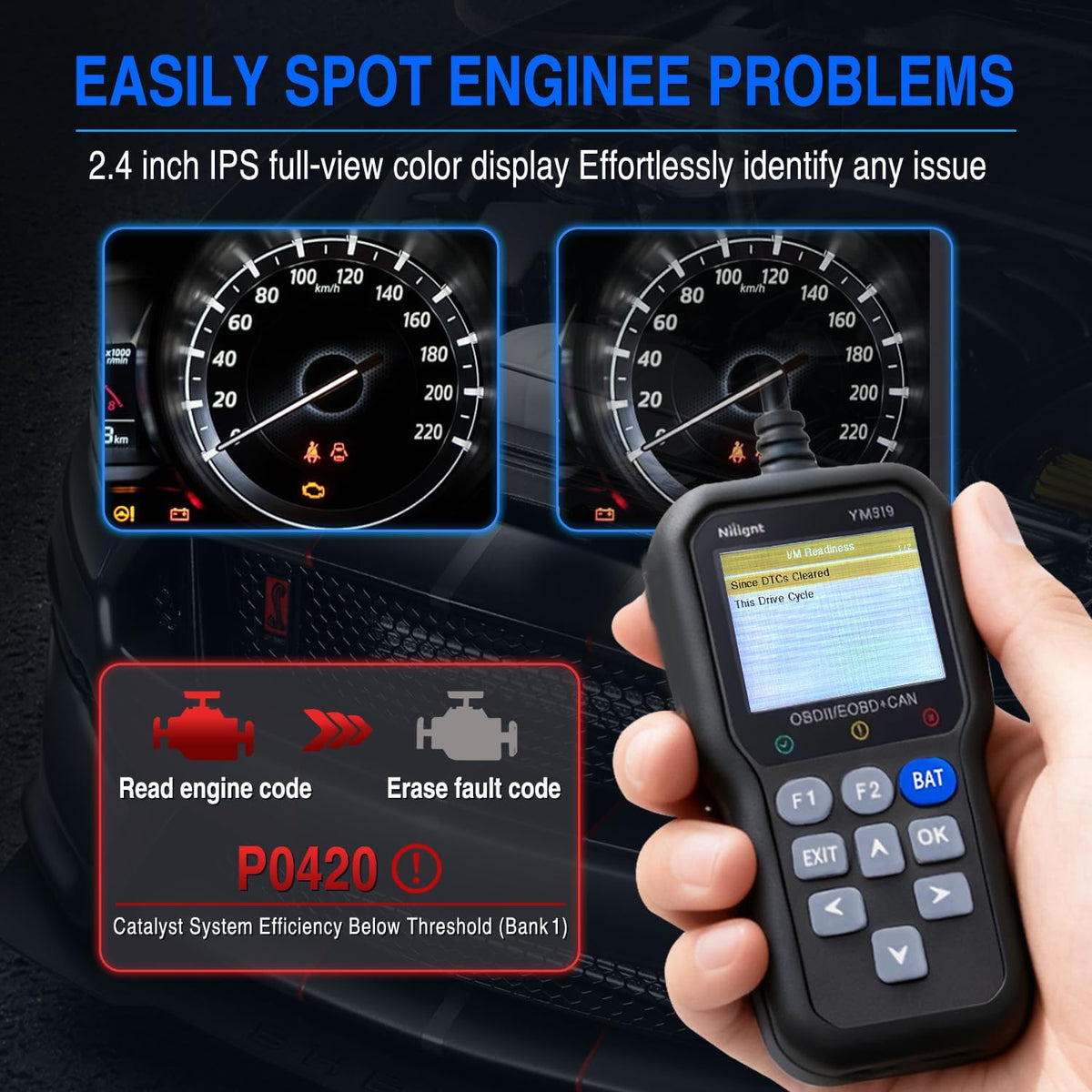 YM319 Professional OBD2 Scanner Car Diagnostic Tool - 2.4 Inch IPS Full-View Color Screen Code Reader - Live Data Graphing, Battery Test for All 1996 & Newer Cars