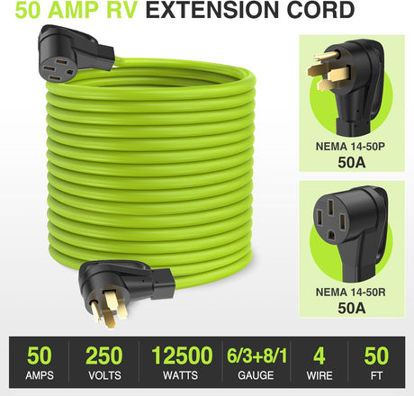 50FT 50 Amp RV Extension Cord 250V Heavy Duty 6/3+8/1 Gauge Pure Copper STW Wire UL ETL Listed 4 Prong 14-50P 14-50R Weatherproof Suit for EV Trailer Campers Bright Green